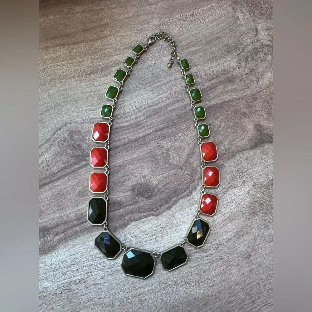 Chunky Faceted Acrylic Inlay Necklace Green & Orange Gold Tone Statement